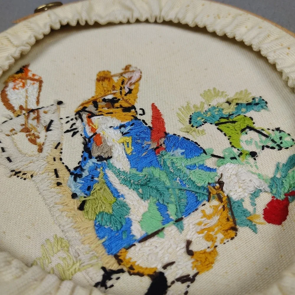 Vintage Needlepoint On Hoop Peter Rabbit In Garden Charming MCM Wall Hanging 8